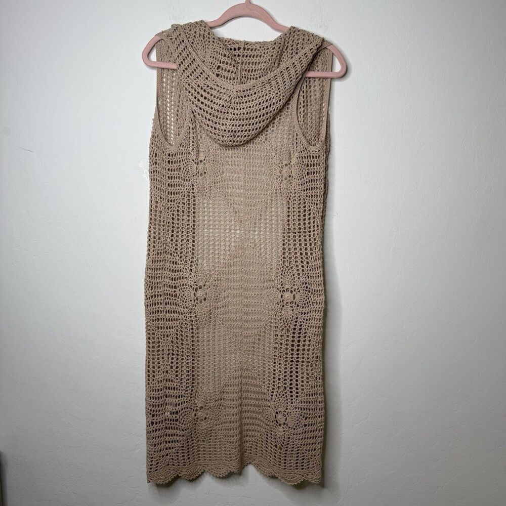 Floral Sz S Crochet Hooded Open Front Cardigan Vest Long Line Boho Coachella
